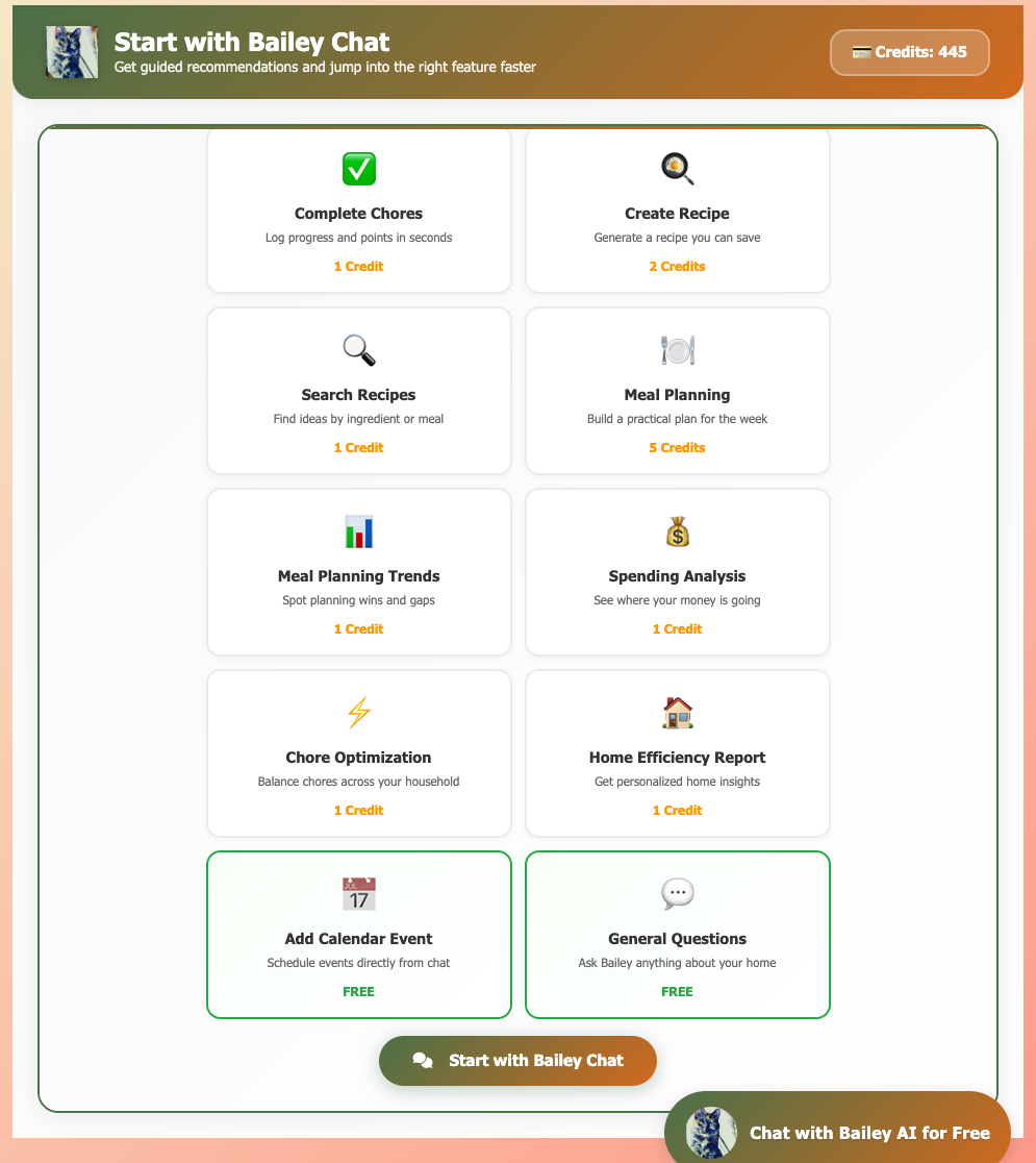 EasyHome Bailey AI chat: welcome screen with guided actions and credit badge