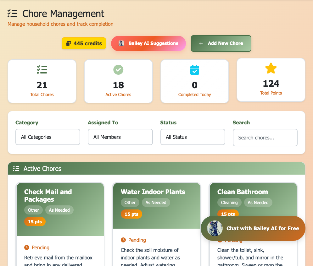 EasyHome chore management with filters and active chore cards