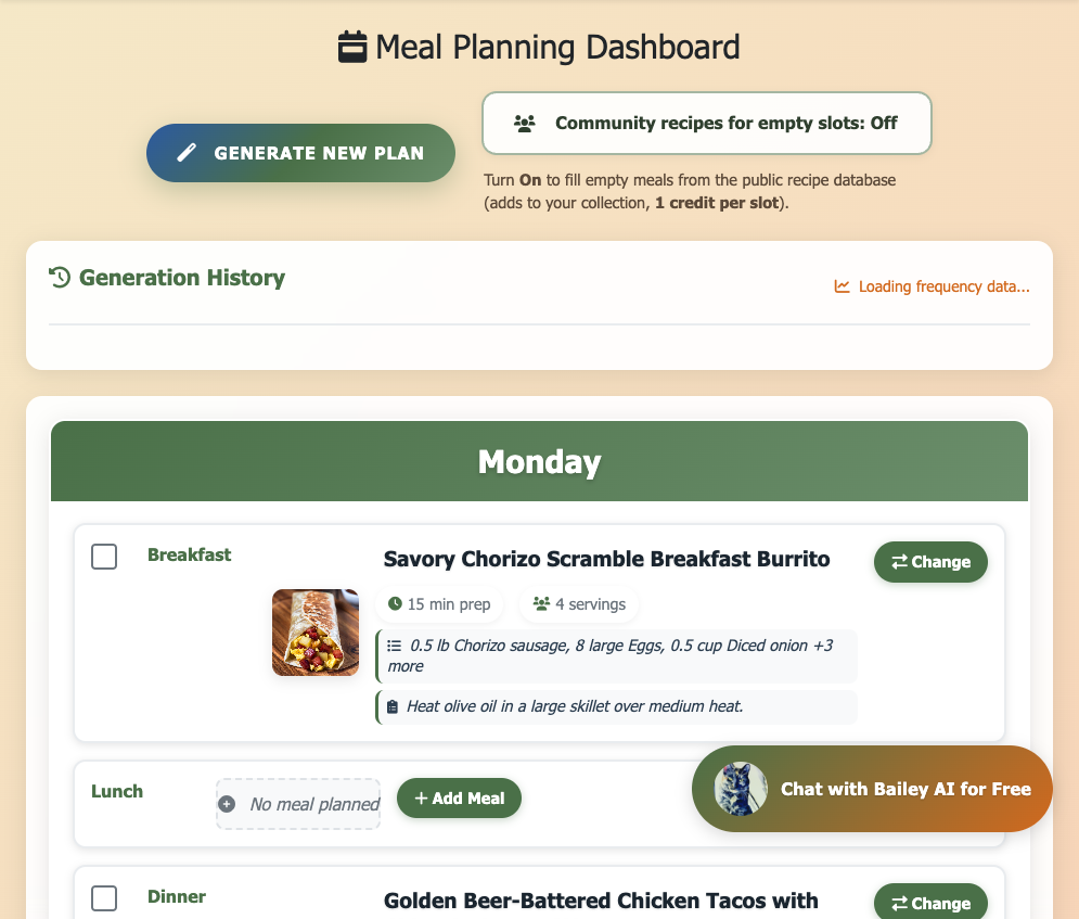 EasyHome meal planning dashboard showing weekly plan and generation history